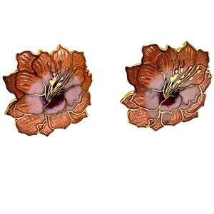 1980s Vintage Gold Tone Cloisonne Flower Clip-On Earrings Pink Mauve Enamel